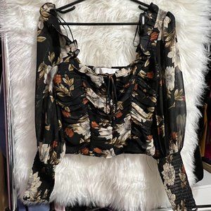 ASTR Black Floral Sheer Long Sleeve Blouse, Size XS